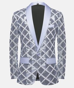 Alternative view of Elegant Plaid Sequin Shawl Lapel One Button Slim Fit Blazer
