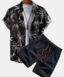 Palm Tree Print Button Up Shirt & Swim Shorts