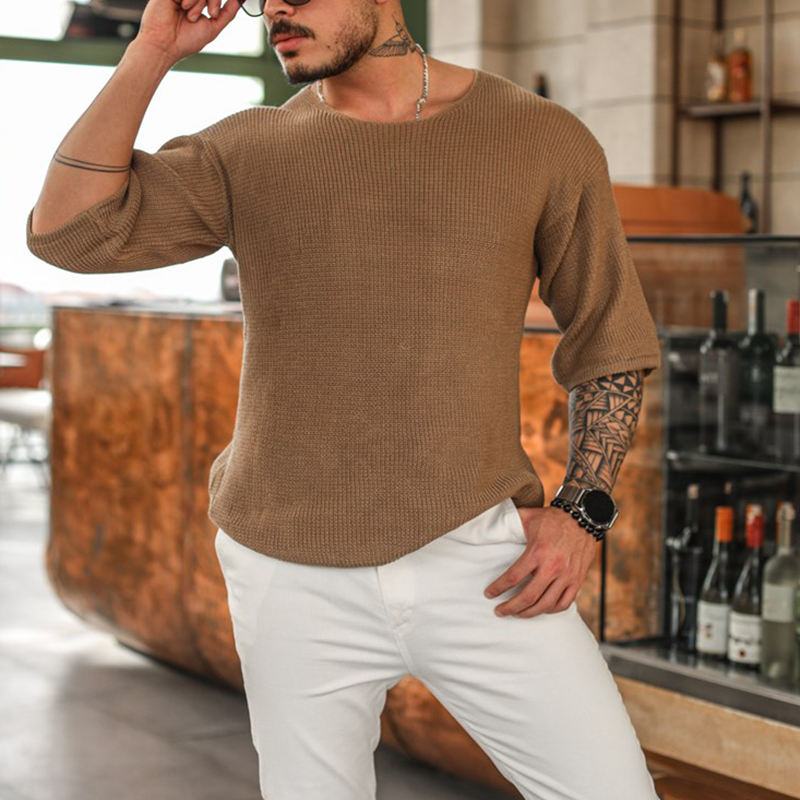 Knitted Wool 3/4 Sleeve Solid T-Shirt - Image 2