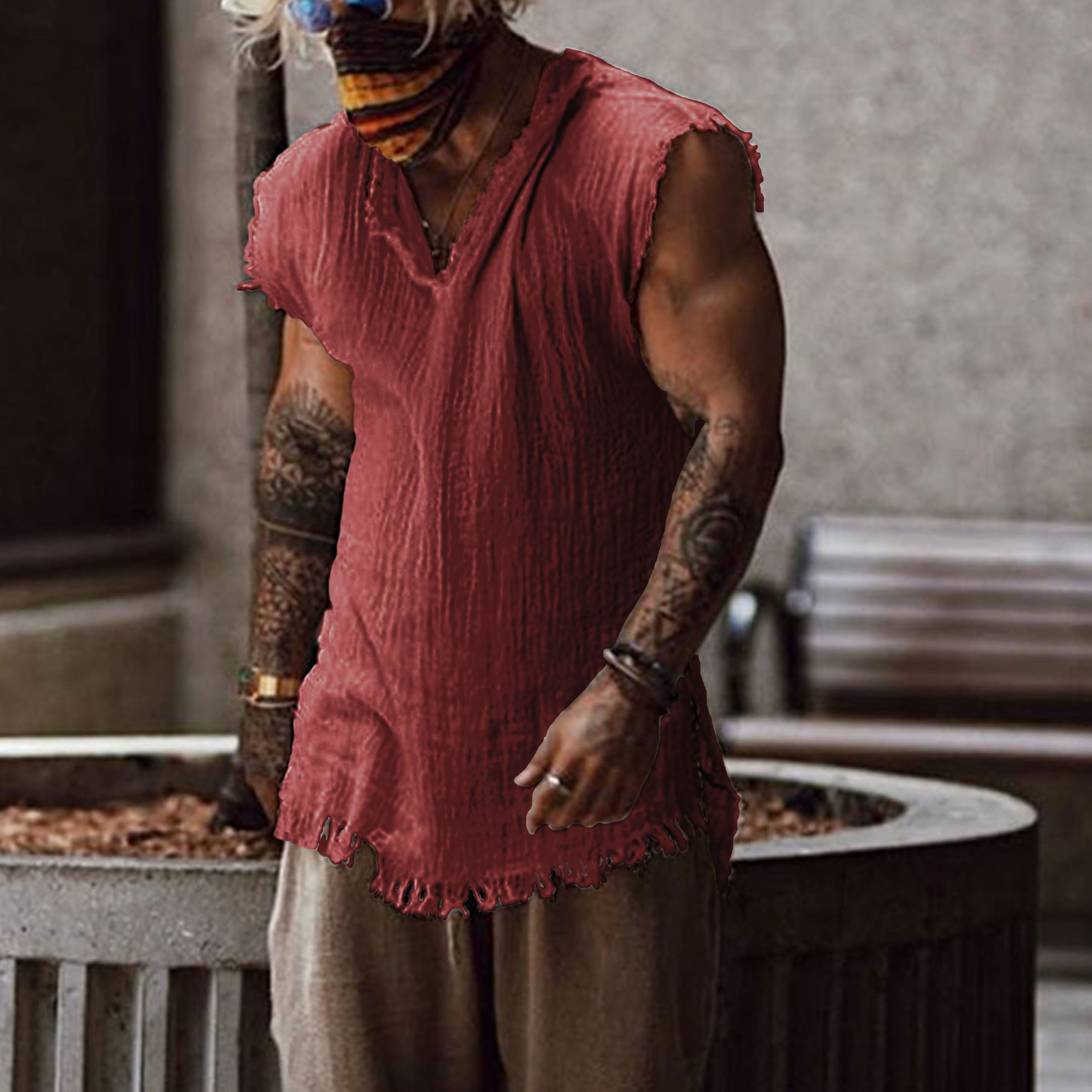 Men's Linen Holiday Plain Tank Top - Image 5