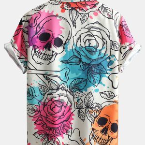 Skull Floral Print Button Up Shirt