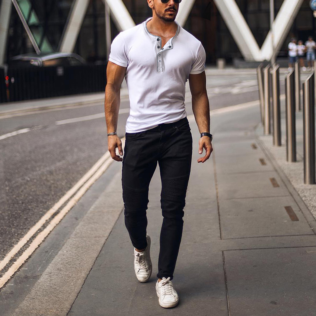 Men's Casual Breathable Vintage Henley Collar Cotton Short Sleeve T-Shirt - Image 2