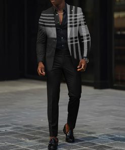 Fashion Colorblock Plaid Lapel Collar Button Blazer & Pants 2Pcs Set