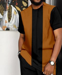 Suitmens Men's Colorblock Print Short Sleeve Sports Walking Suit -310