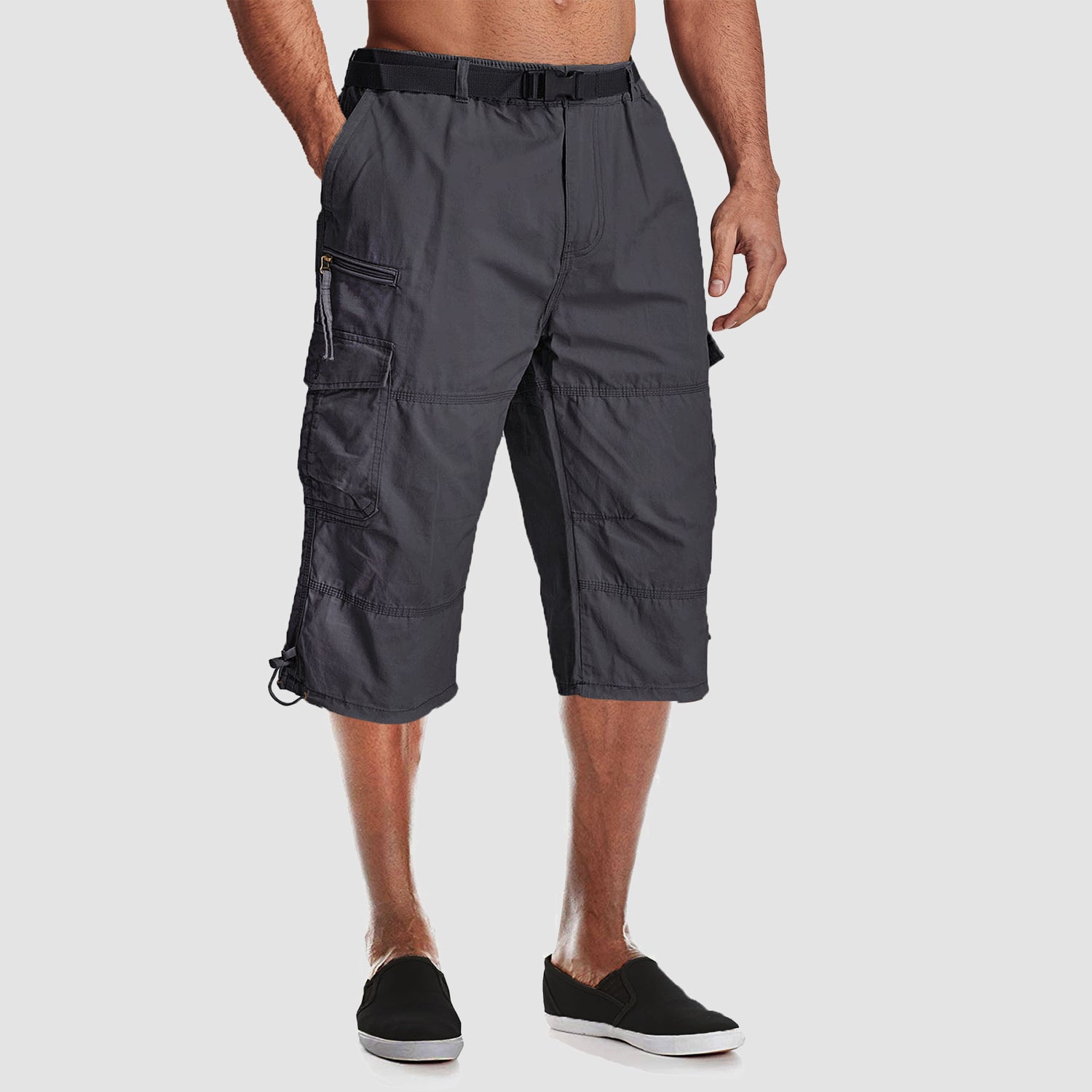 Men Summer Casual 3/4 Long Cargo Shorts Twill Cotton Elastic Waist Multiple Pockets Comfortable Capris Trousers - Image 8