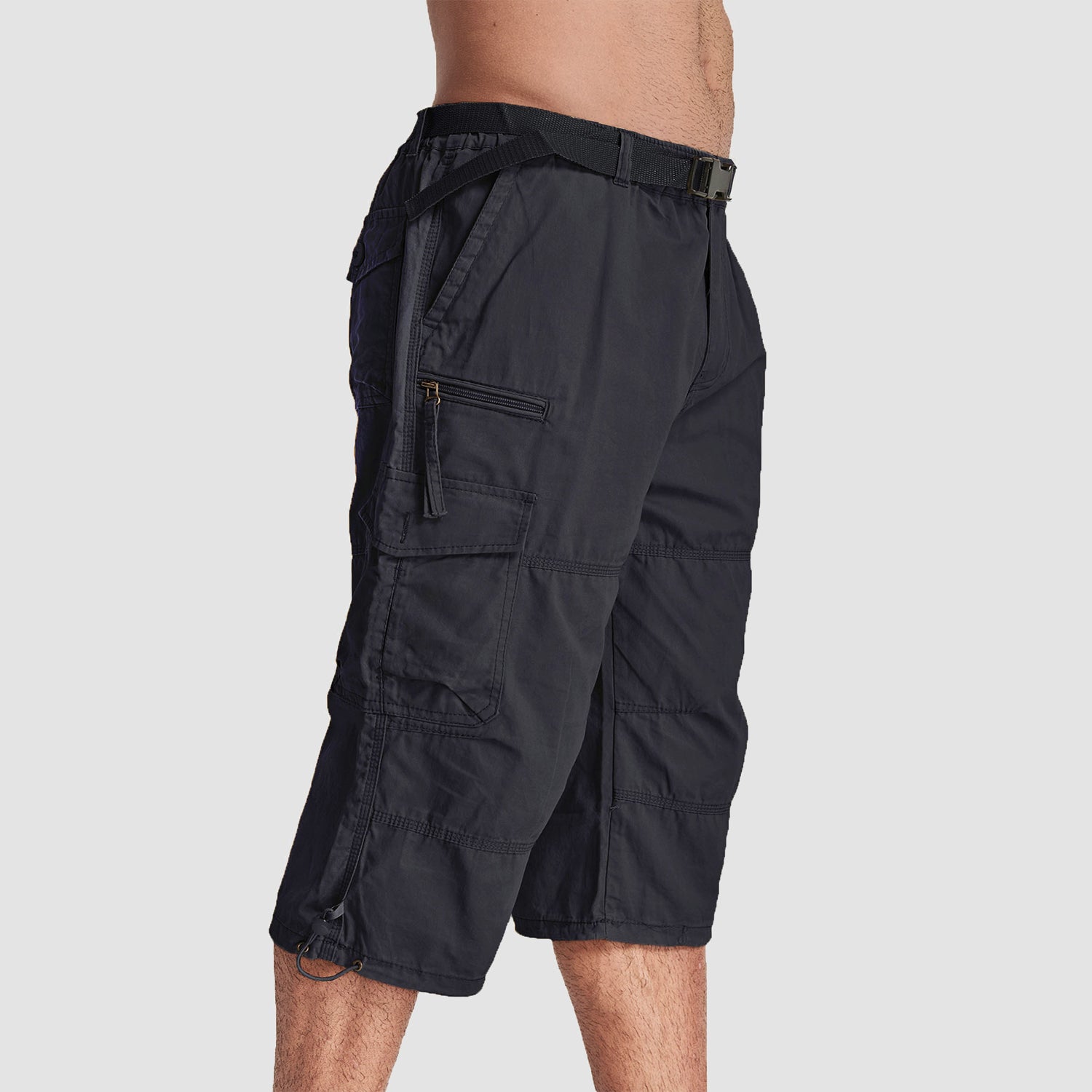 Men Summer Casual 3/4 Long Cargo Shorts Twill Cotton Elastic Waist Multiple Pockets Comfortable Capris Trousers - Image 9