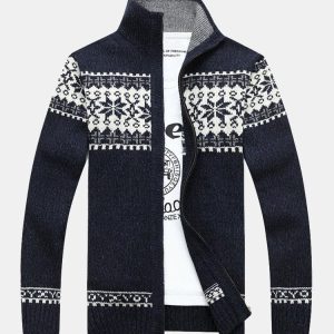 Christmas Geometric Print Zip Up Sweater