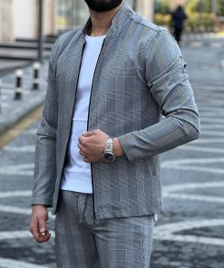 Stand Collar Plaid Pattern Zipper Jacket & Pants Set