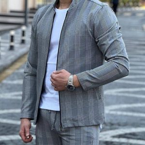 Stand Collar Plaid Pattern Zipper Jacket & Pants Set