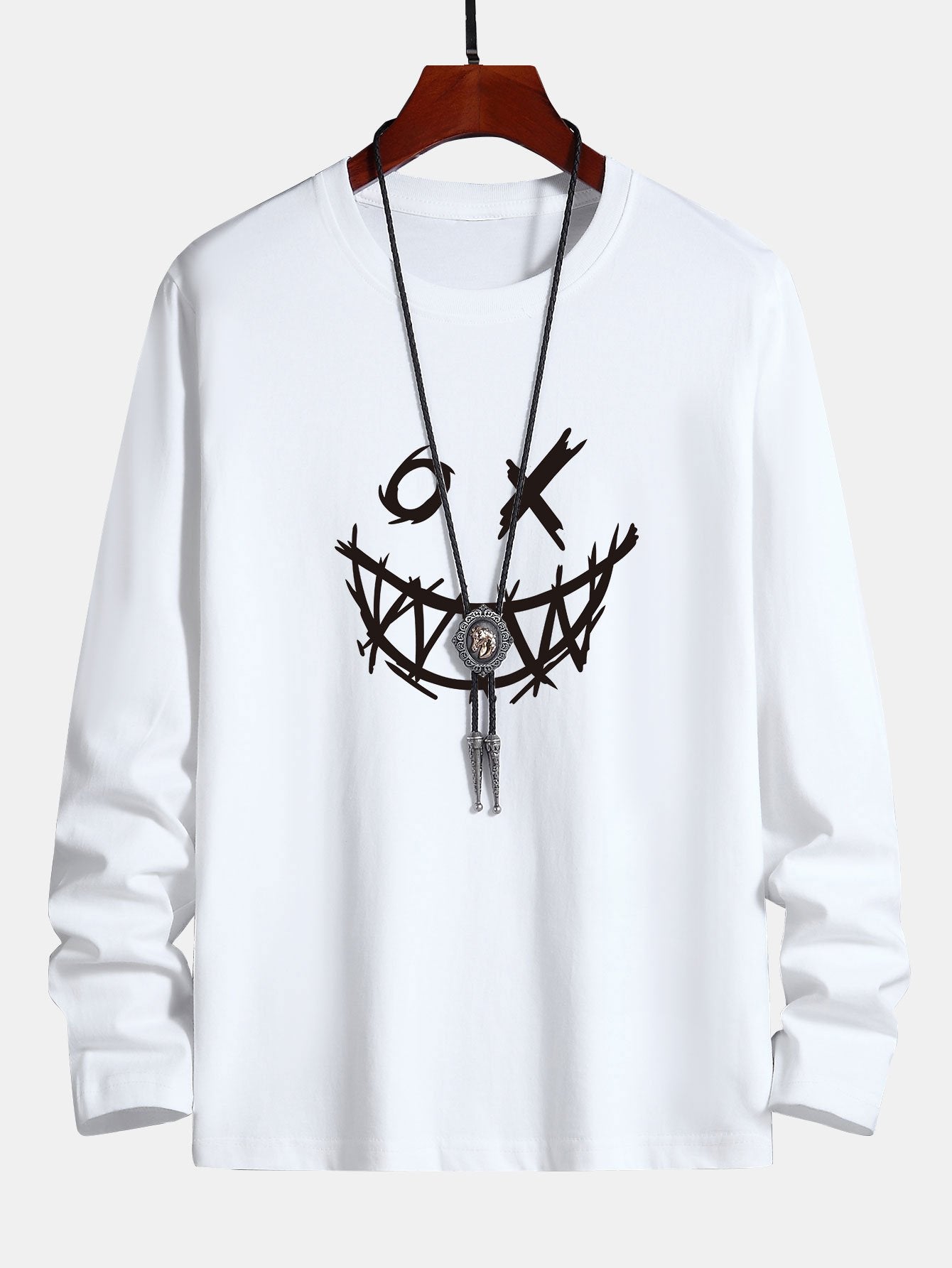 Long Sleeve Scary Face Print Cotton T-Shirt - Image 2