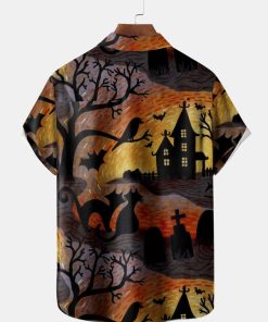 Men's Halloween Cat Print Casual Breathable Short Sleeve Shirt