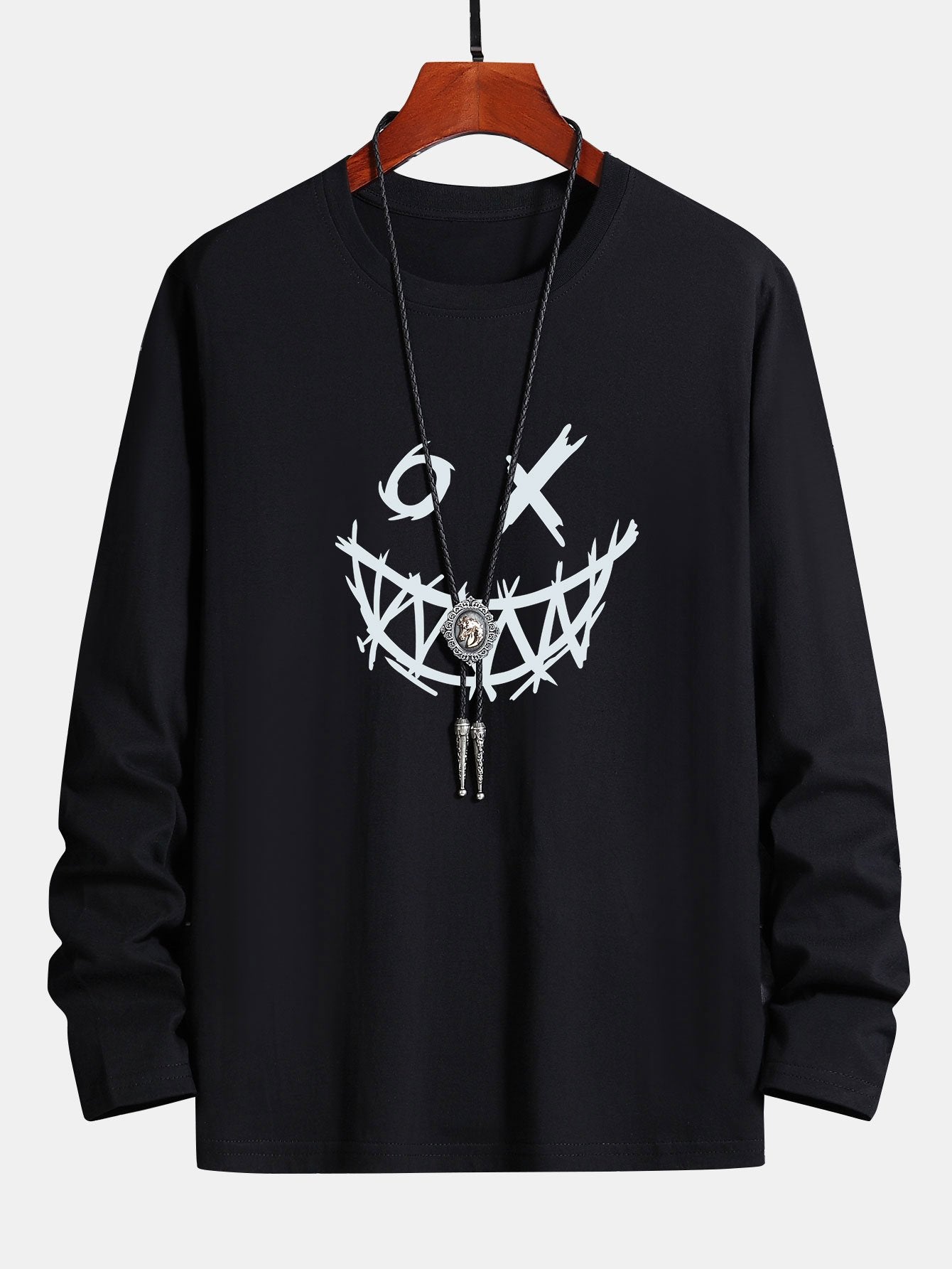 Long Sleeve Scary Face Print Cotton T-Shirt - Image 7