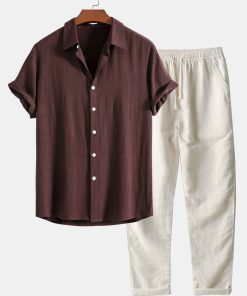 Linen Rayon Blend Button Up Shirt & Straight Leg Linen Pants