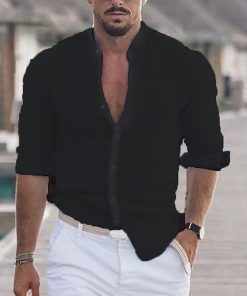 Alternative view of Men's Linen Solid Color Casual Stand Collar Long Sleeve Shirt