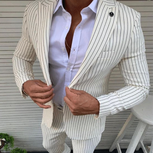 Casual Vertical Stripe Lapel Collar Blazer & Pants 2Pcs Set