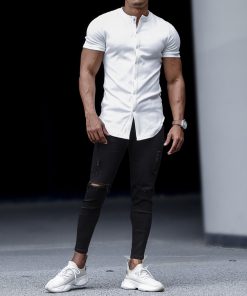 Alternative view of Men's Casual Slim Solid Color Short Sleeve Shirt Outdoor Fitness Sports Running Pure Cotton Stand Collar Cardigan