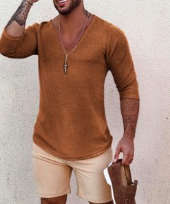 Alternative view of Men's Deep V Neck Breathable Linen Cotton Mid Sleeve T-Shirt