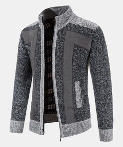 Zip Up Faux Suede Patchwork Sweater