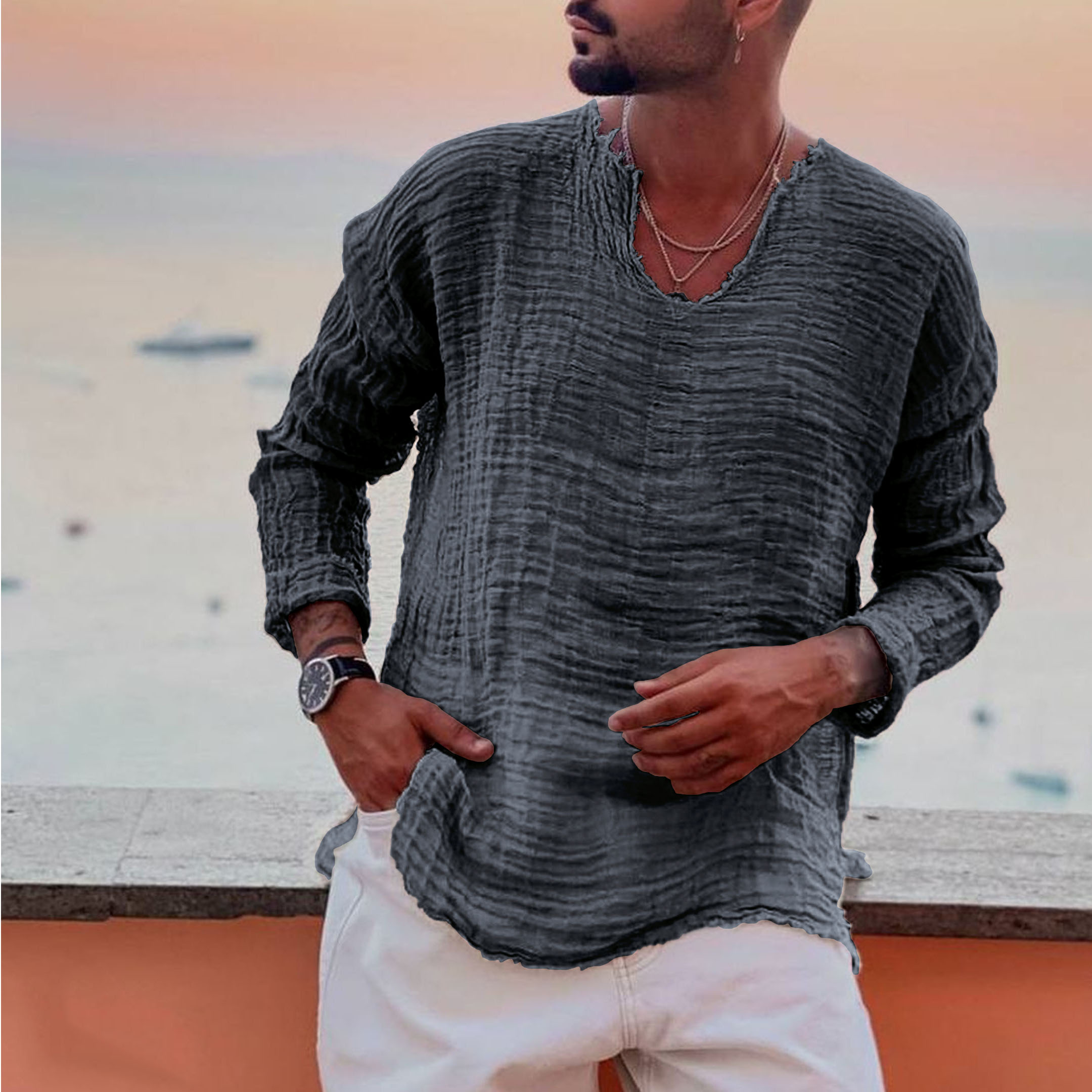 Men's Linen Simple Long-sleeved Shirt - Image 4