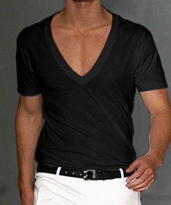 Men's Basic White Deep V-Neck Cotton Short Sleeve T-Shirt