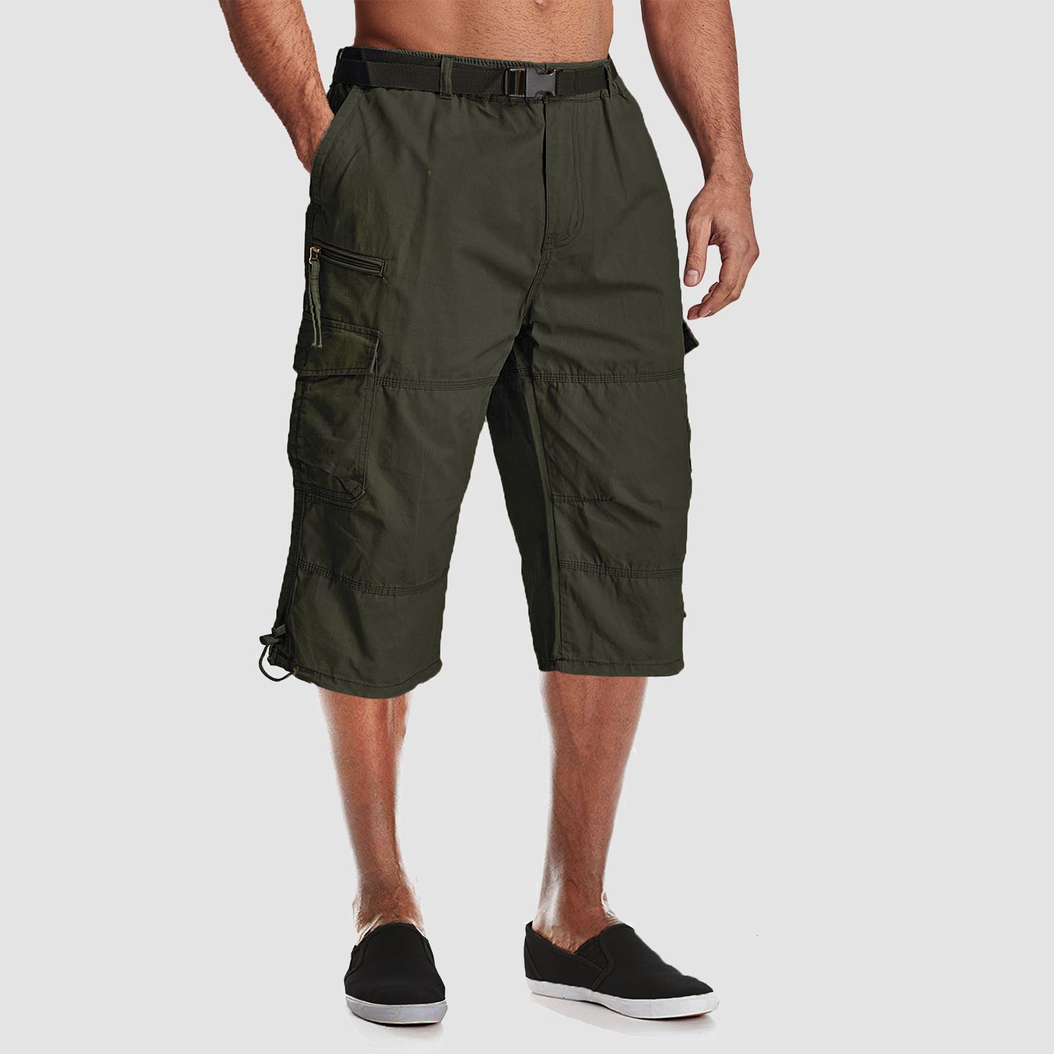 Men Summer Casual 3/4 Long Cargo Shorts Twill Cotton Elastic Waist Multiple Pockets Comfortable Capris Trousers - Image 11