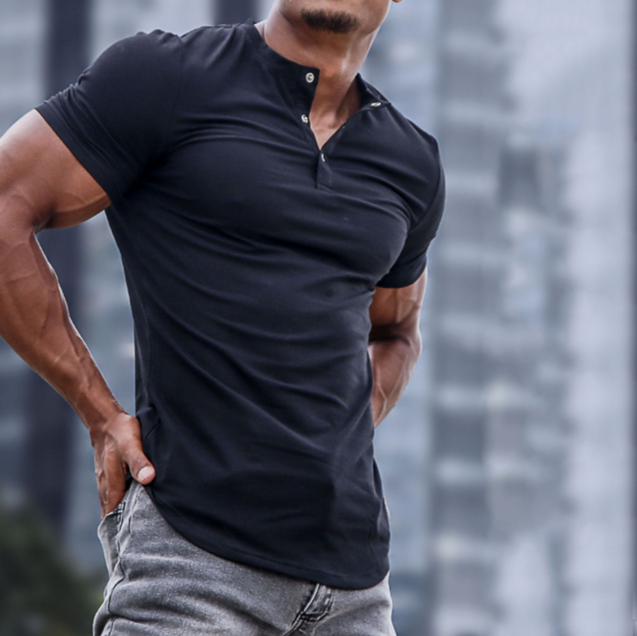 Men's Spring/Summer Henley Stretch Slim T-Shirt - Image 2