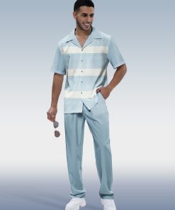 Blue Textured Two-Piece Short Sleeve Printed Walking Set