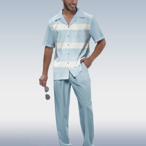 Blue Textured Two-Piece Short Sleeve Printed Walking Set