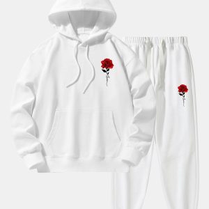 Rose Print Cotton Blend Hoodie & Jogger Pants