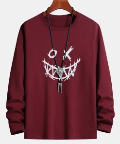 Long Sleeve Scary Face Print Cotton T-Shirt