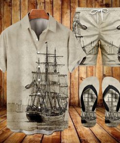 Suitmens Men's Hawaiian Navigation Bowling Print Shirt Three-Piece Set 052