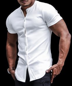 Men's Casual Slim Solid Color Short Sleeve Shirt Outdoor Fitness Sports Running Pure Cotton Stand Collar Cardigan